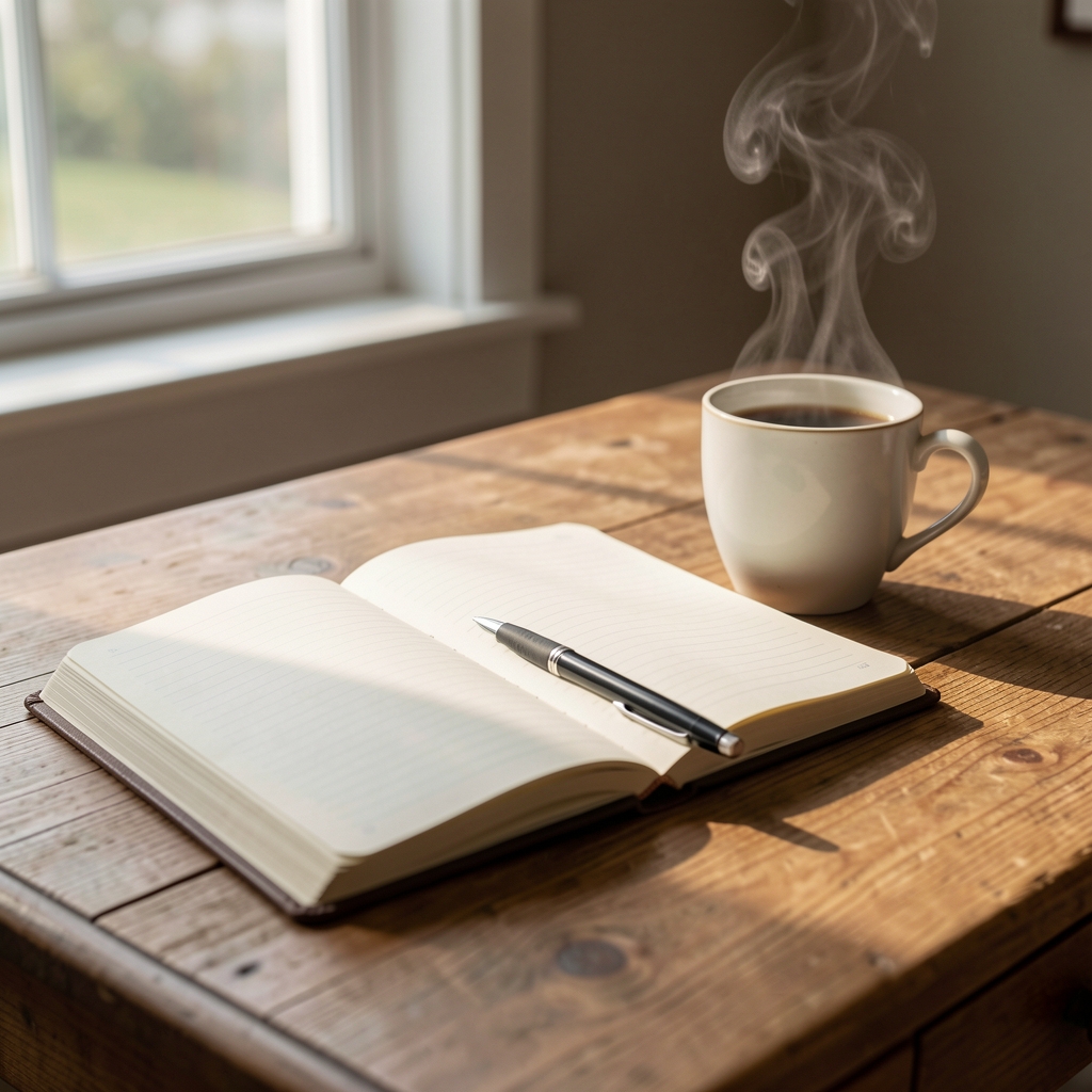 Open notebook on a wooden desk beside a steaming cup, soft morning light filtering through a window